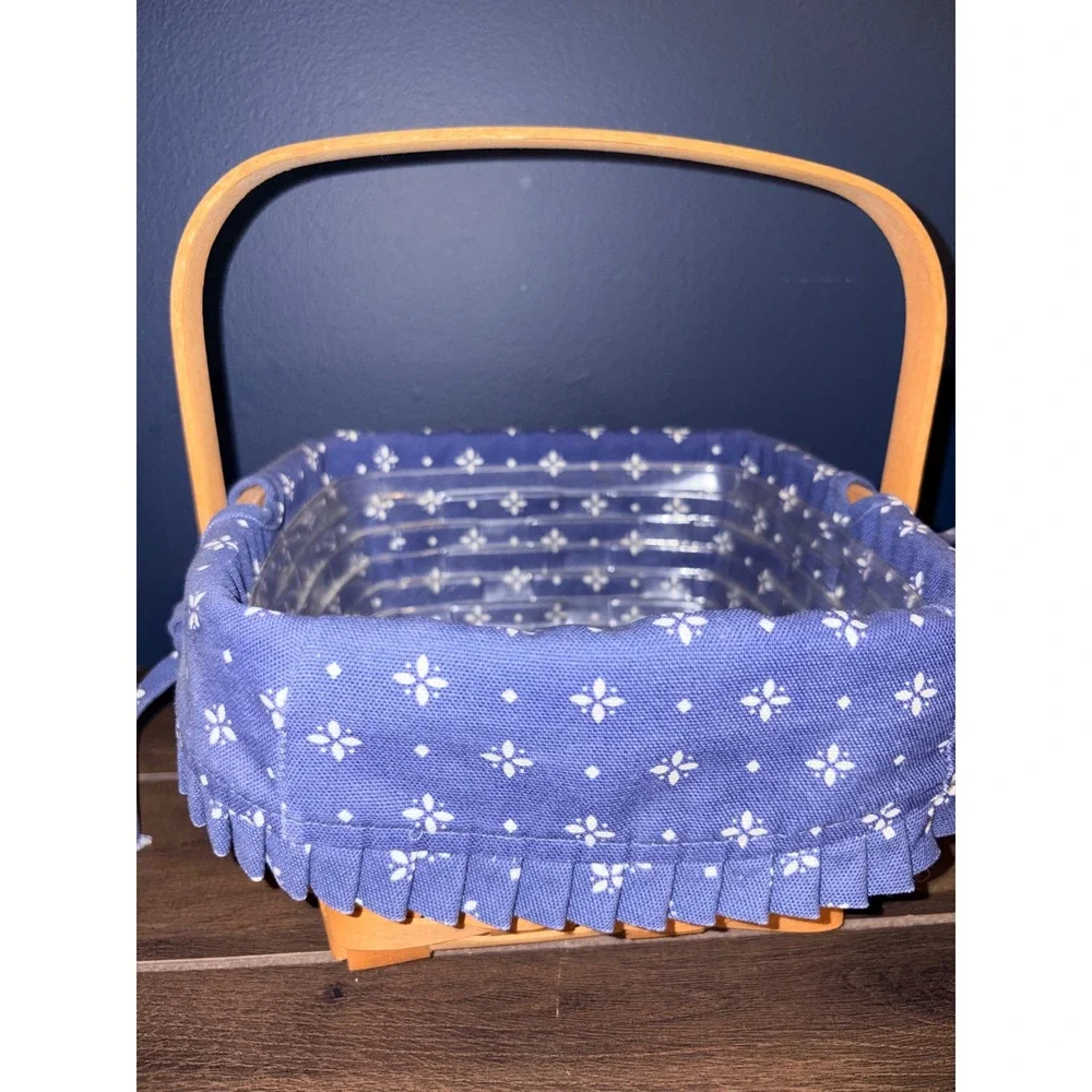 Longaberger Woven Wood Basket Blue Floral Liner‎ Plastic Protector Swing Handle
